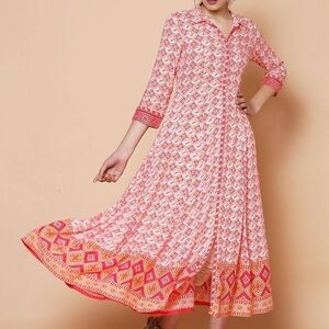 Rangriti Women Pink & White Liva Printed Shirt Maxi. Size‎ 36/Large.